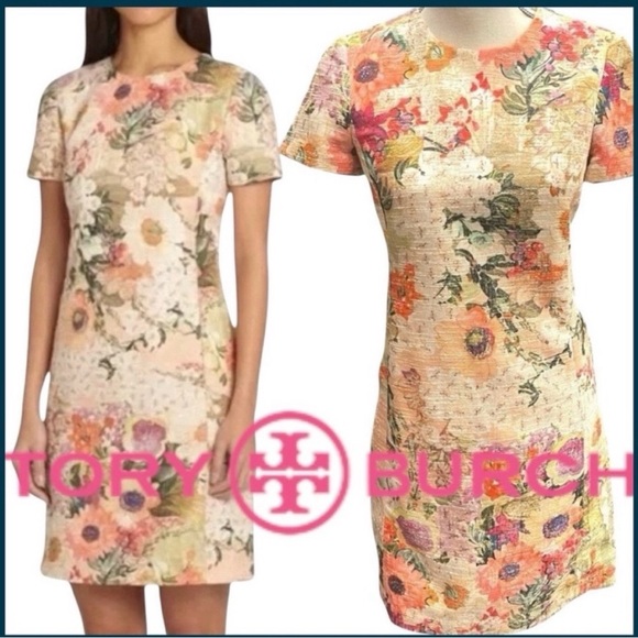 Tory Burch Dresses & Skirts - Tory Burch Cream/Peach Multi Kaley Floral Tweed Crew Neck Short Sleeve Dress (2)